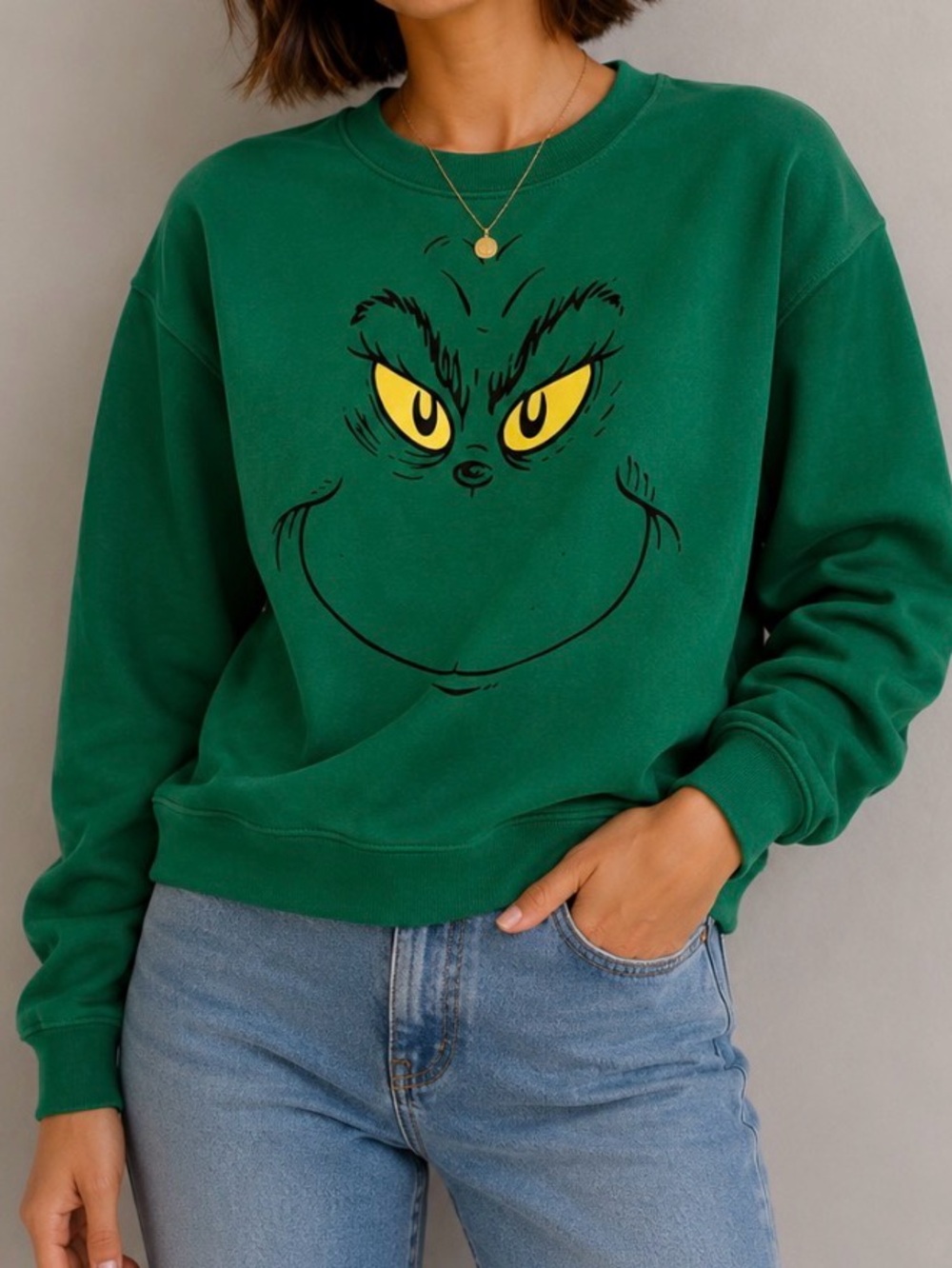 The Grinch Sweatshirt Top Pullover Green Christmas Ugly Dr Seuss Dark Face